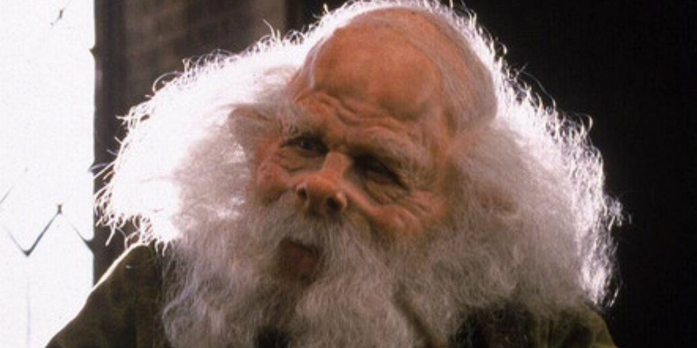 Warwick Davis como o barbudo e careca Flitwick em Harry Potter
