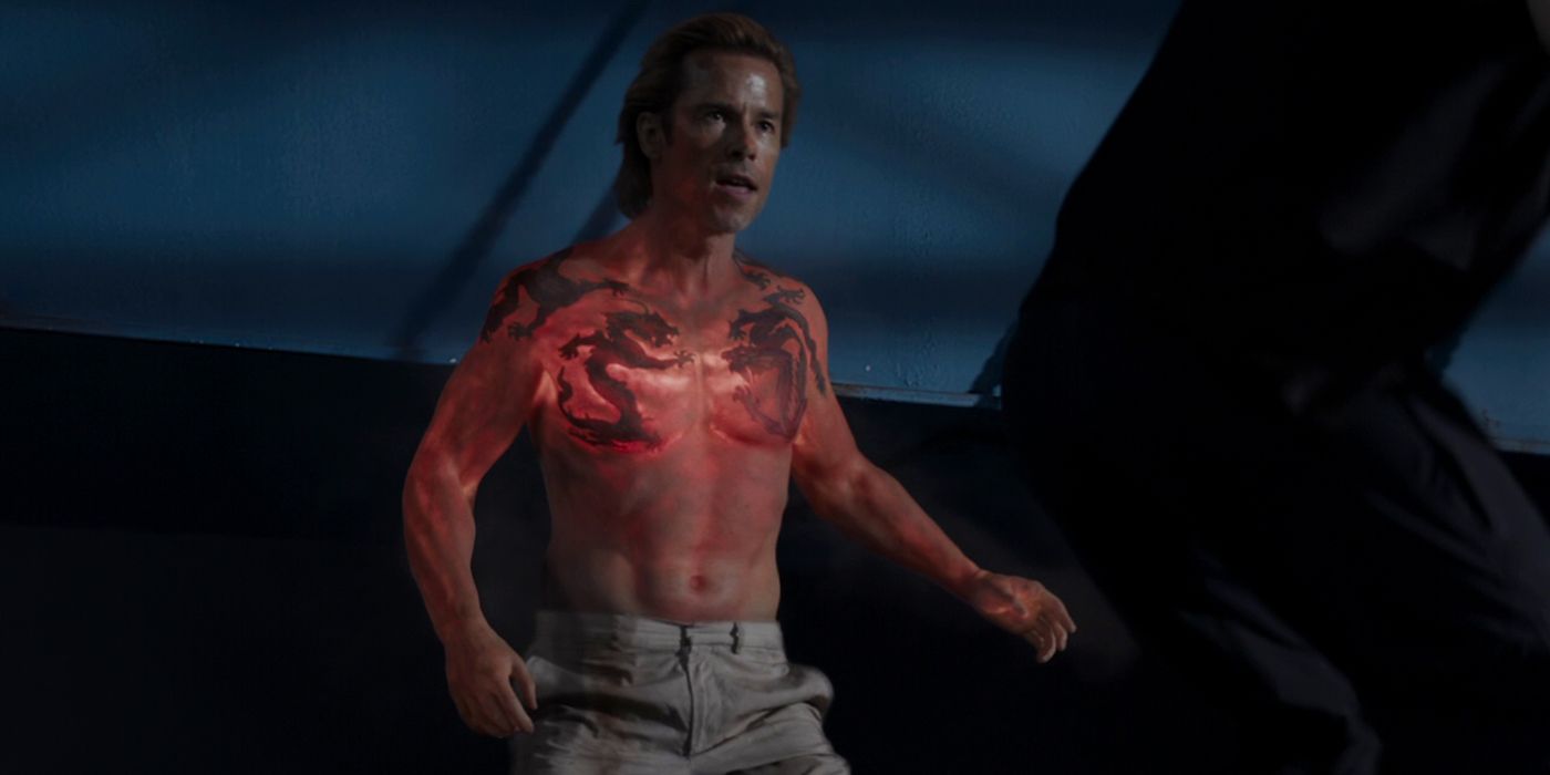 Aldrich Killian powered up and glowing in Iron Man 3