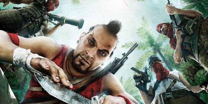 Vaas segurando uma faca enquanto olha para o jogador, com seus piratas ao redor portando armas em Far Cry 3.