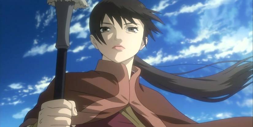 Balsa looking downward while holding her spear in Moribito: Guardian of the Spirit.