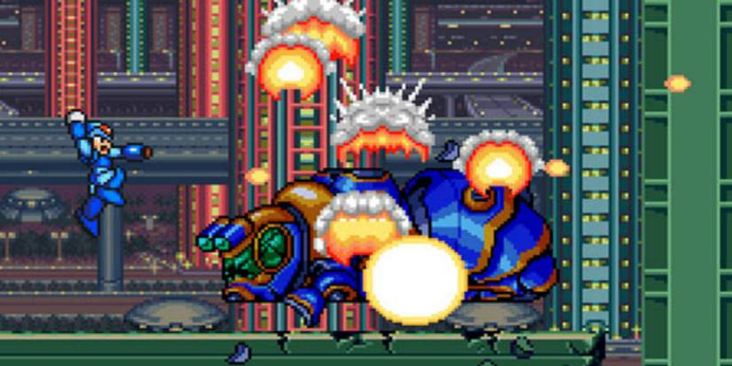 Mega Man X, a robot in blue armor, jumps next to an exploding robot bee.