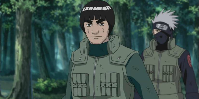 Might Guy stands with Kakashi in the woods in Naruto
