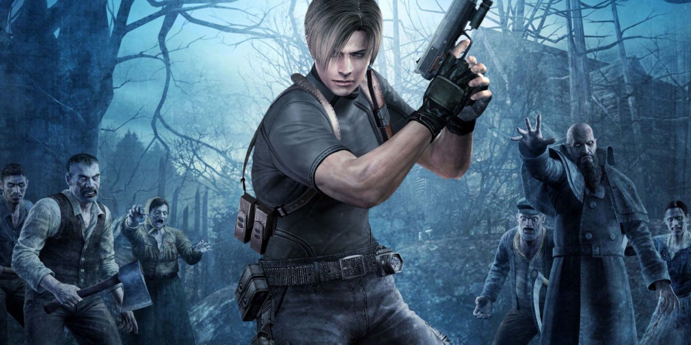 Leon S. Kennedy holding a handgun while zombies stalk him in Resident Evil 4.
