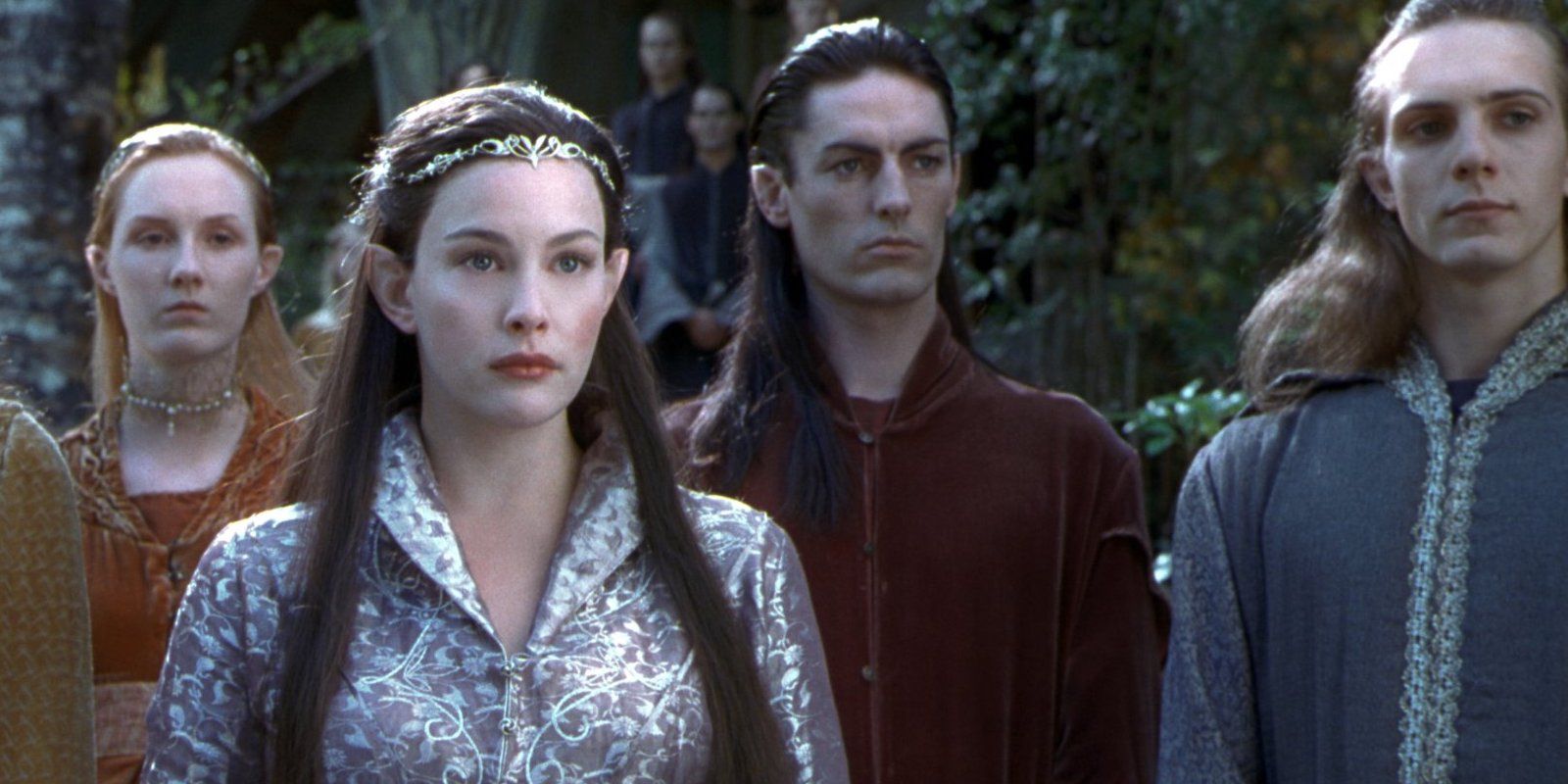 Arwen surrounded by Elves in The Lord Of The Rings.