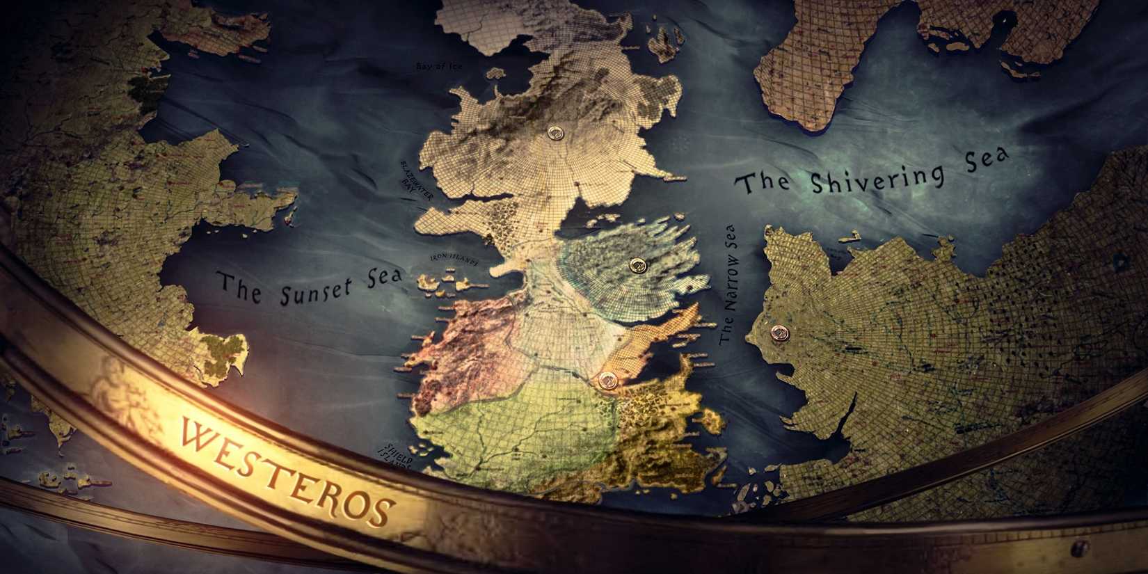 Mapa de Westeros e Essos visto na sequência de abertura de Game of Thrones