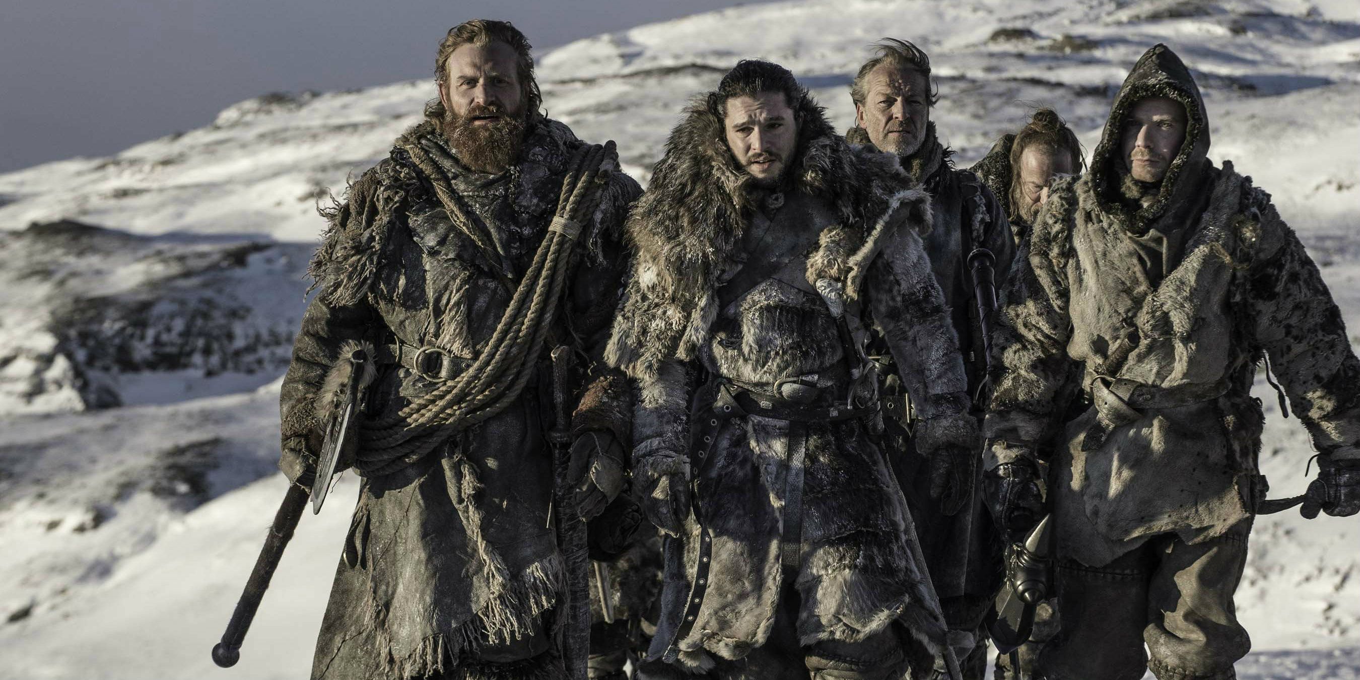 Tormund, Jon, Jorah and others walk beyond the wall in Game of Thrones