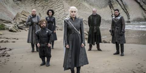 Tyrion, Daenerys, and Jon on the beach in Game of Thrones