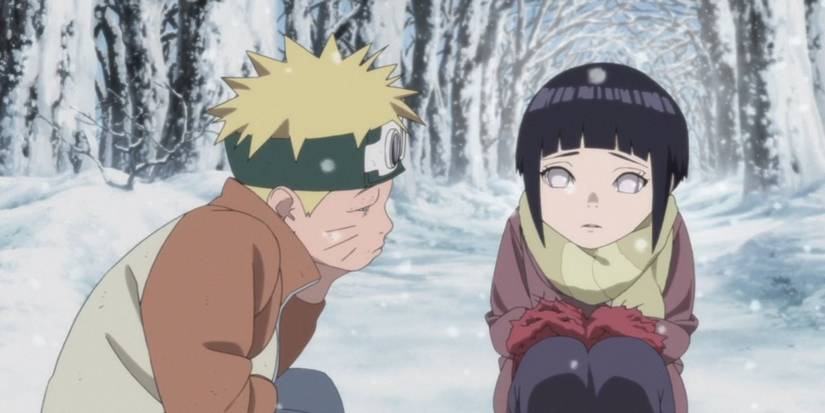 A young Naruto and Hinata sit together in the snow in The Last Naruto The Movie