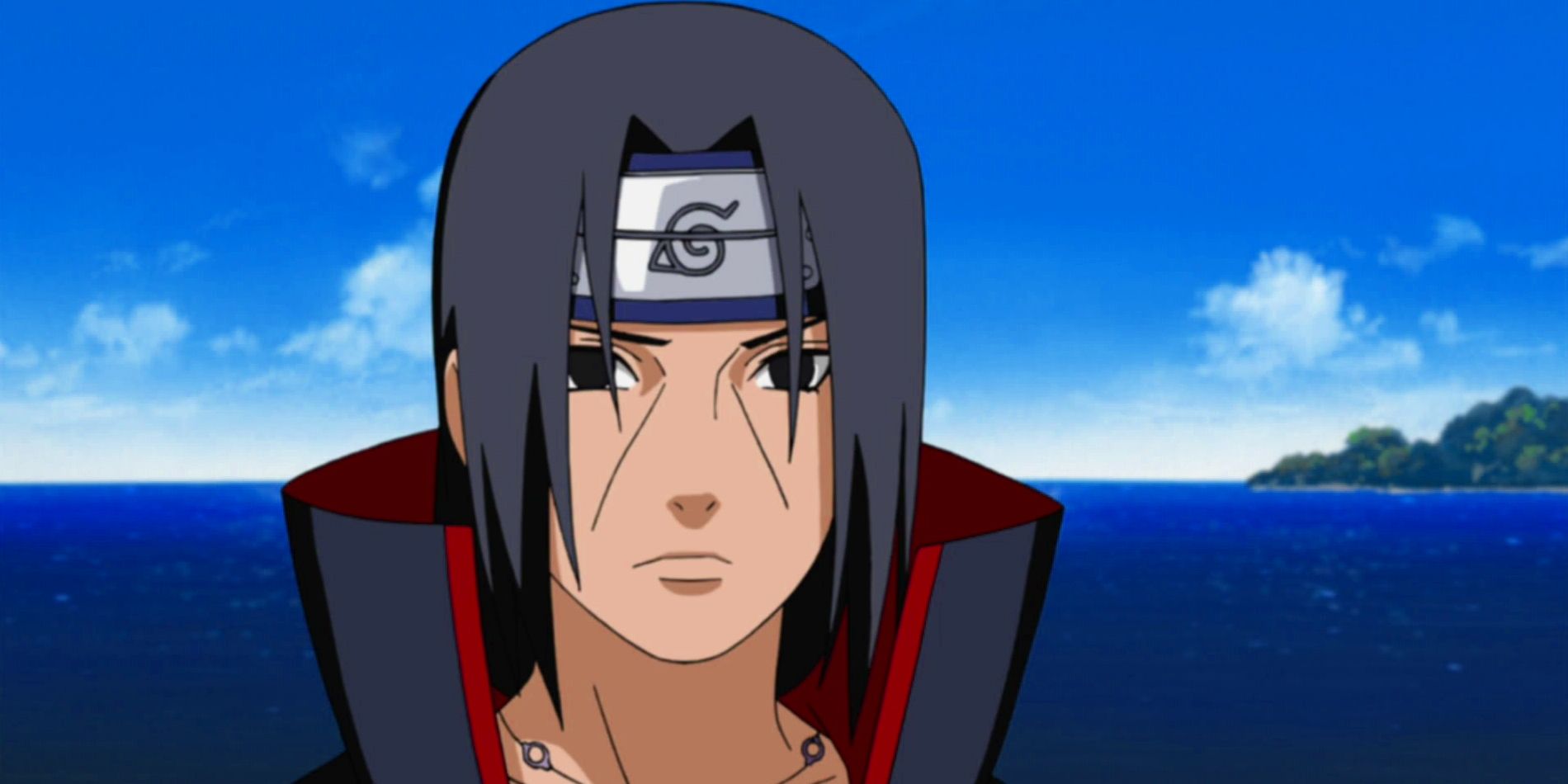 Itachi Uchiha is standing in front of the water in Naruto