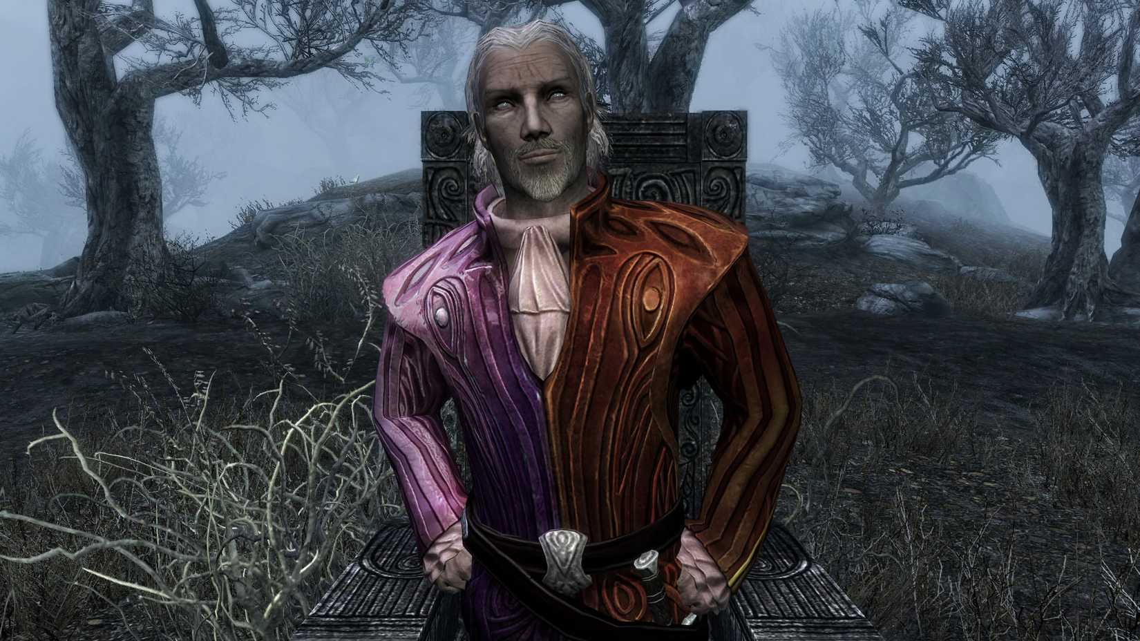 An image of Skyrim's Sheogorath sitting in his chair during the Mind of Madness quest.