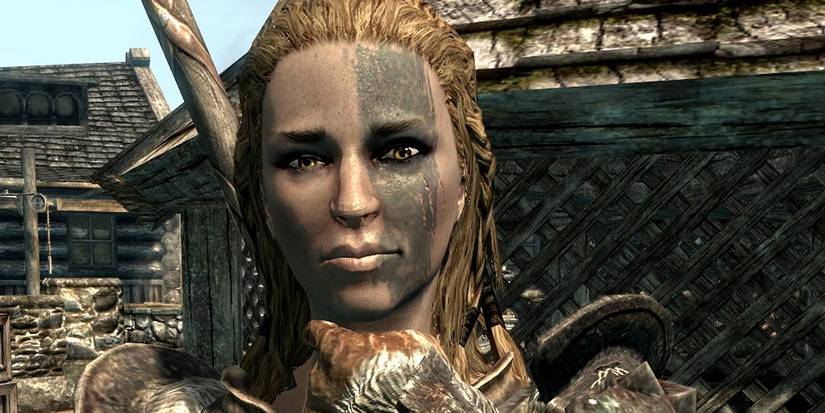 A close up of Mjoll the Lioness with face paint in Skyirm.