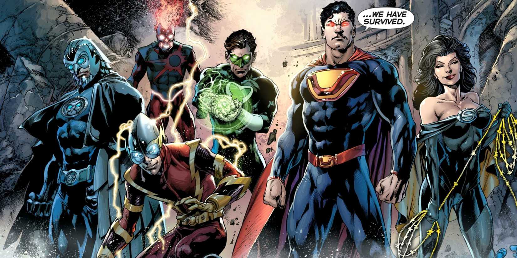 Comic book panel: The Crime Syndicate poses together.