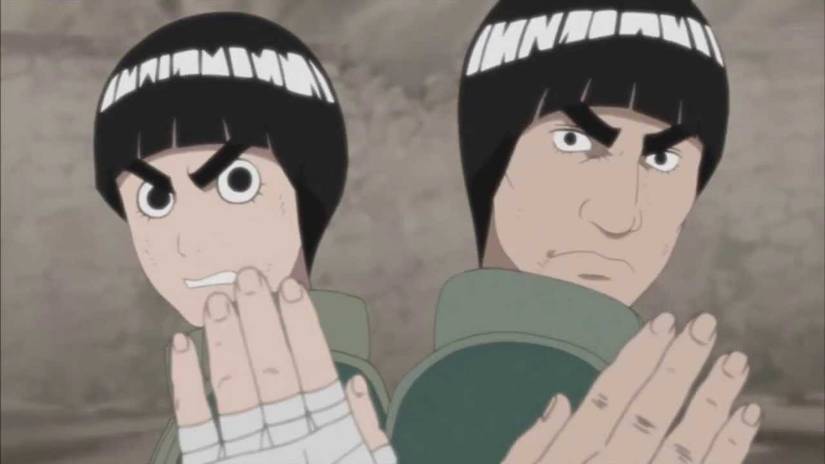 Naruto Rock Lee and Might Guy holding their hands up together, back to back. 