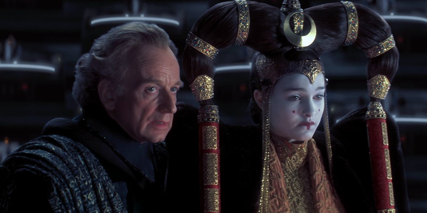 Senator Palpatine and Queen Padme Amidala sitting next to one another in The Phantom Menace