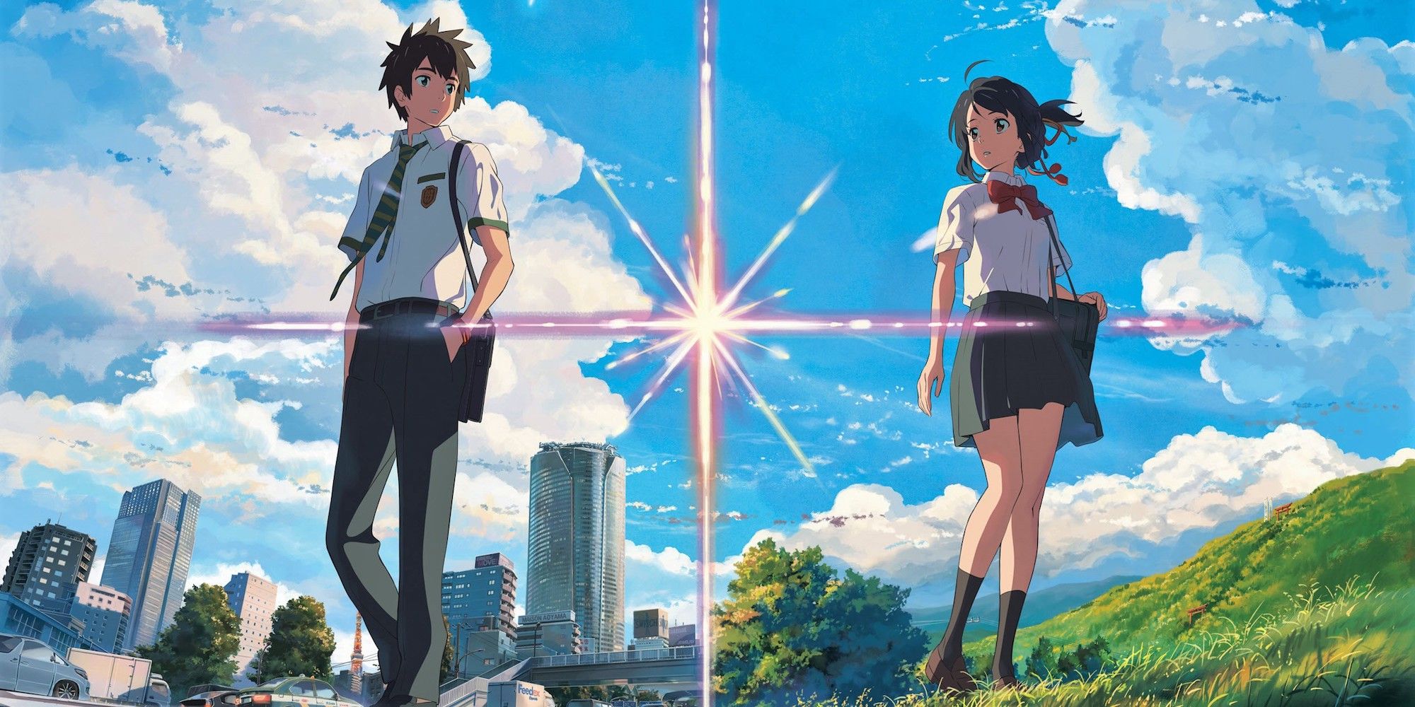 A boy and a girl and a shining star between them in the movie Your Name