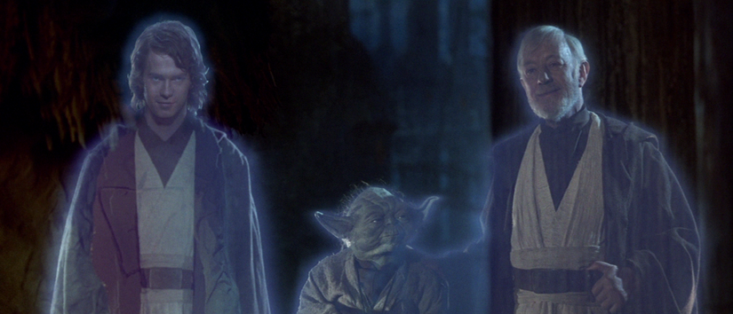 The force ghosts of Anakin Skywalker, Yoda, and Obi-Wan Kenobi in Return of The Jedi