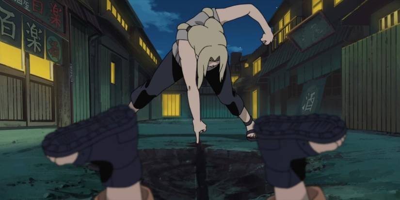 Tsunade uses a single finger to crack the earth in Naruto Shippuden