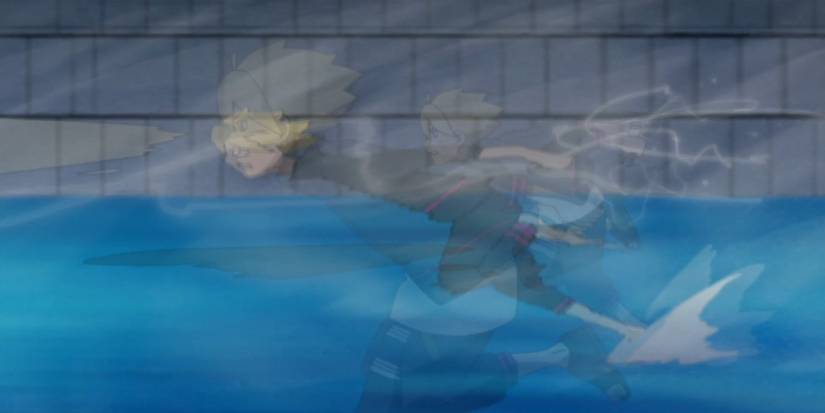 Boruto runs across the water while using Boruto Stream