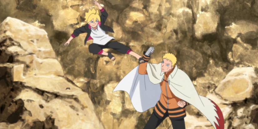 Boruto launches a kick at Naruto in the Boruto anime