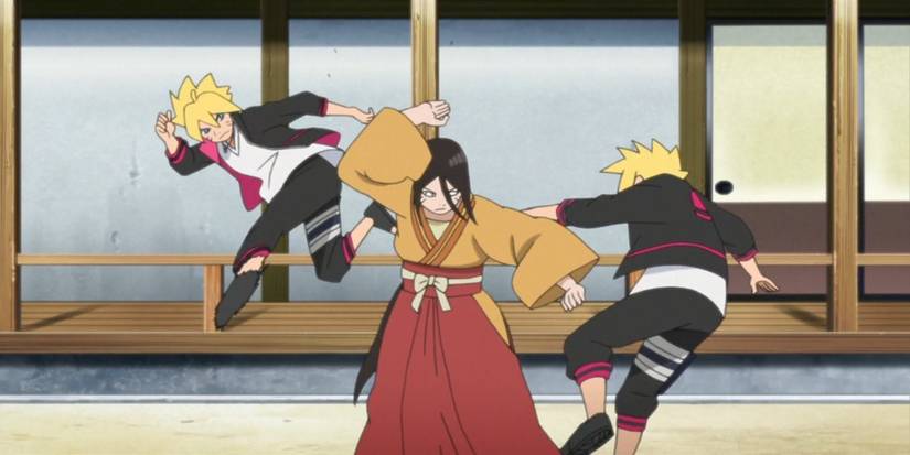 Hanabi fighting off two Boruto shadow clones