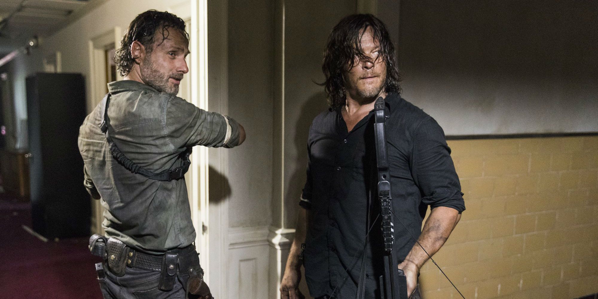 Andrew Lincoln as Rick Grimes and Norman Reedus as Daryl Dixon in The Walking Deaf season 8