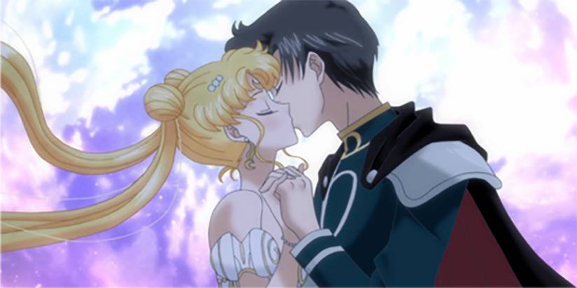 Sailor Moon Tuxedo Mask Kiss in front of a pastel backdrop.