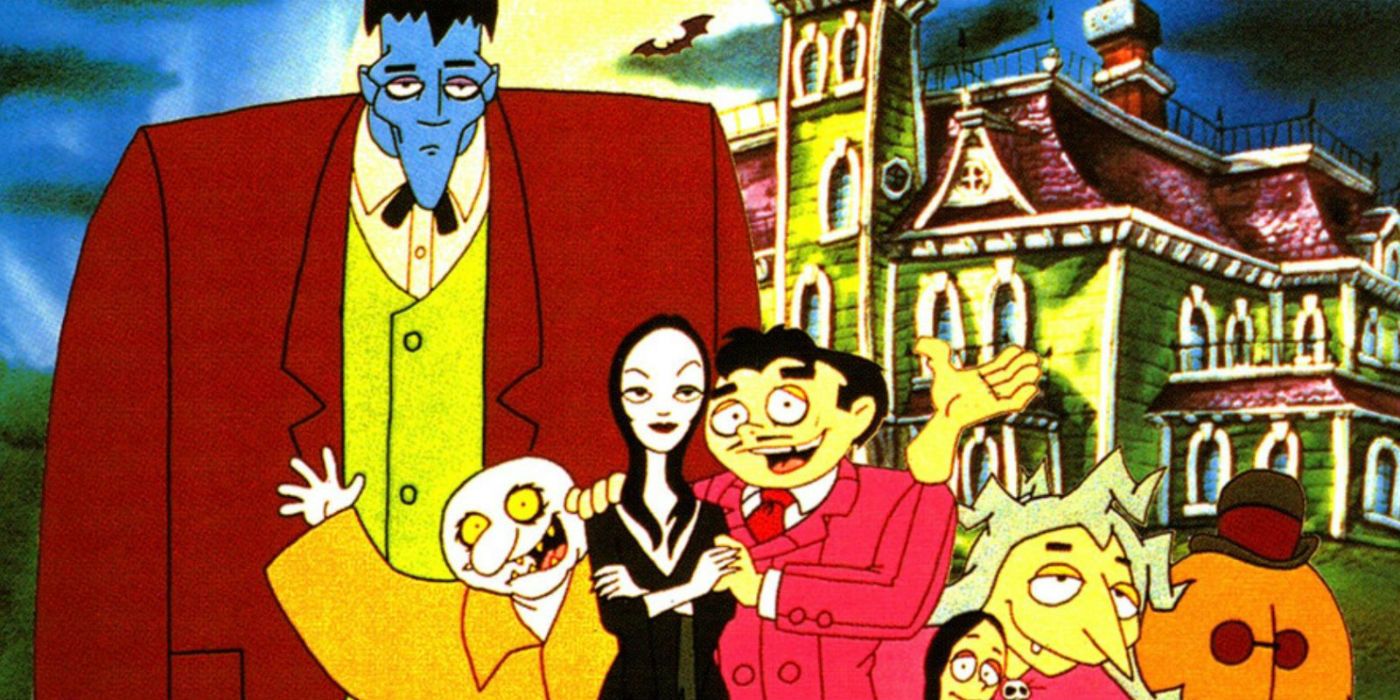 The cast of Addams Family Animated Series in front of the mansion