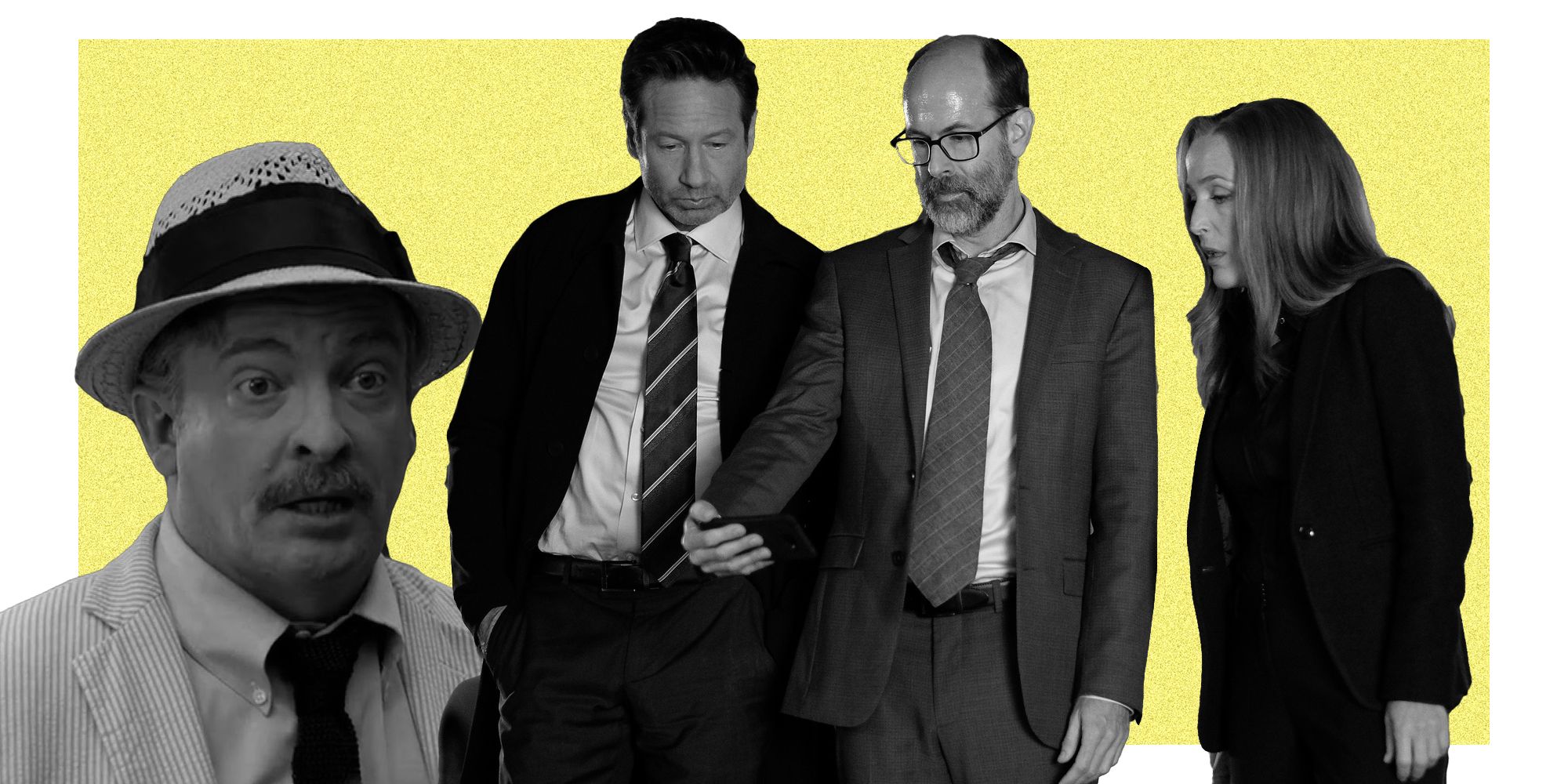 Rhys Darby David Duchovny Brian Huskey and Gillian Anderson in The X-Files