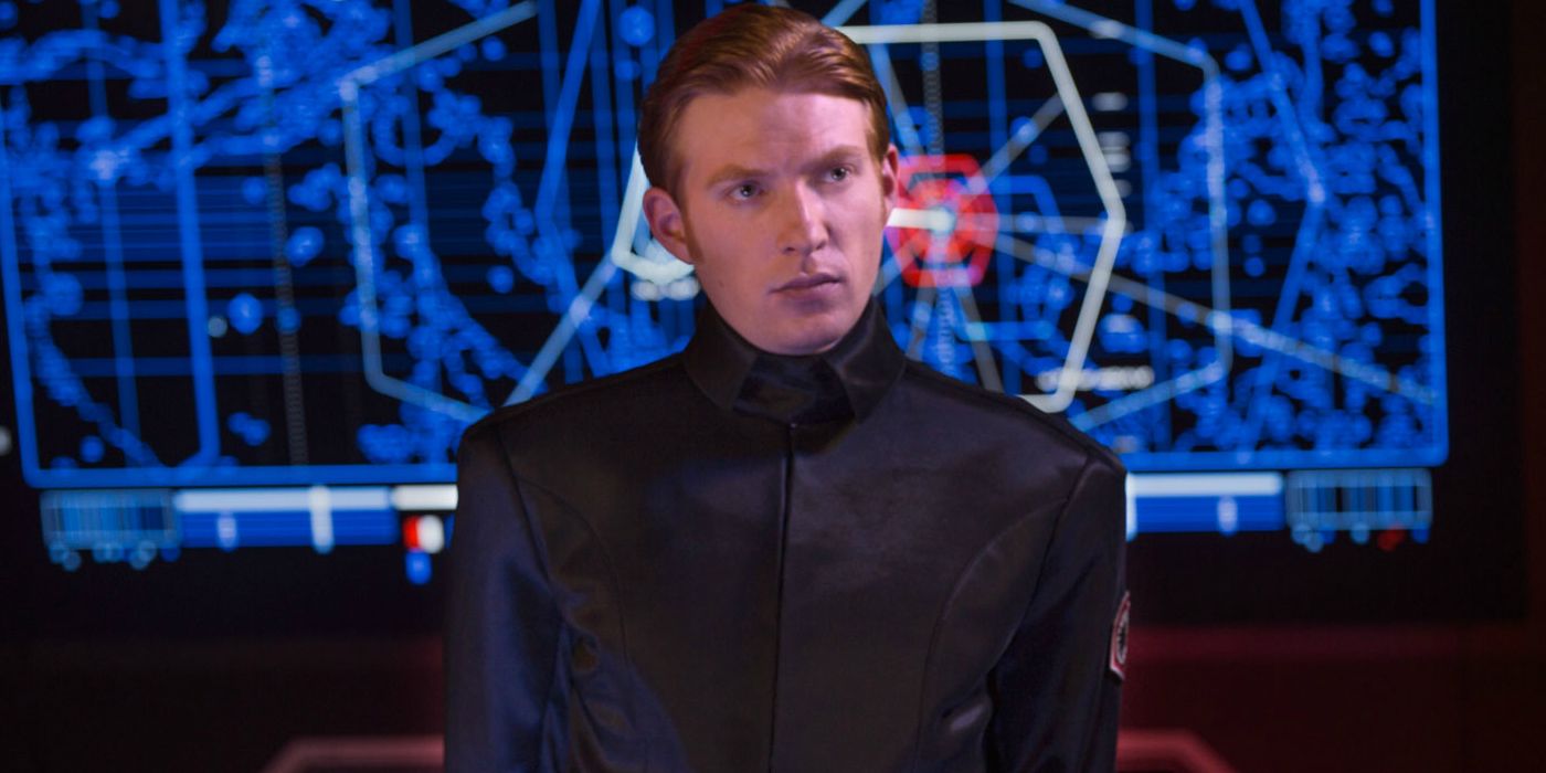 General Hux standing in front of a map in a First Order command center in The Force Awakens