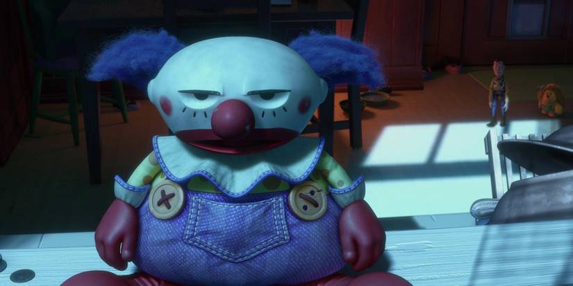 Chuckles the Clown sitting on the windowsill while Woody listens in Toy Story 3