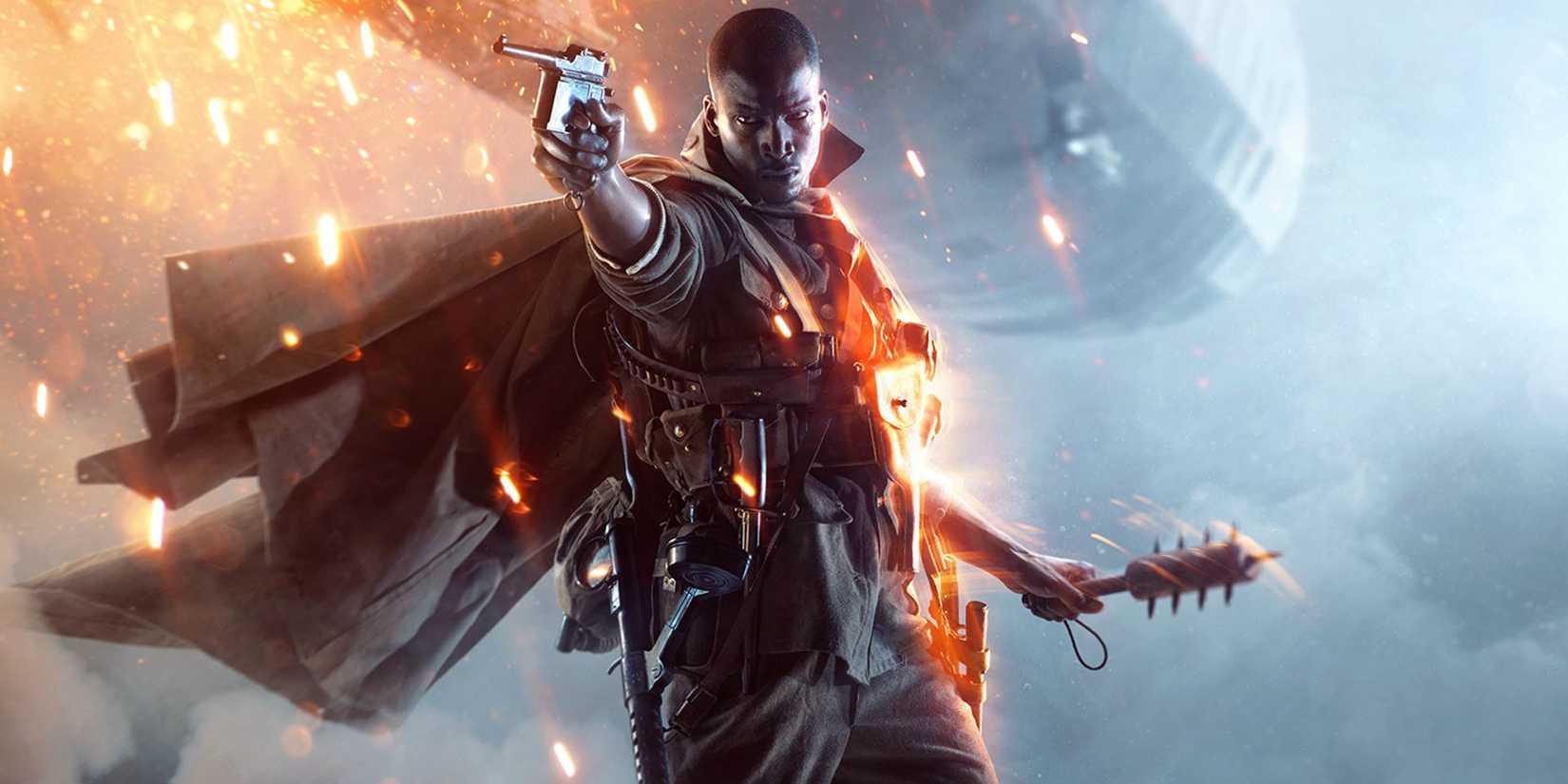 Um soldado da Primeira Guerra Mundial apontando uma arma no Battlefield 1 enquanto um zepelim sobrevoa.