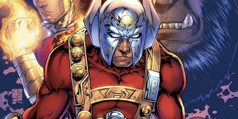 Comic book art: Orion poses in his helmet, looking grim.