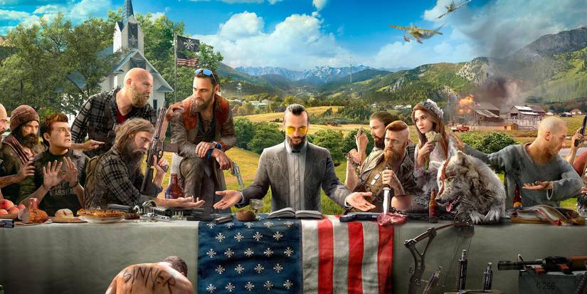 Far Cry 5's main characters sitting at a table like The Last Supper.