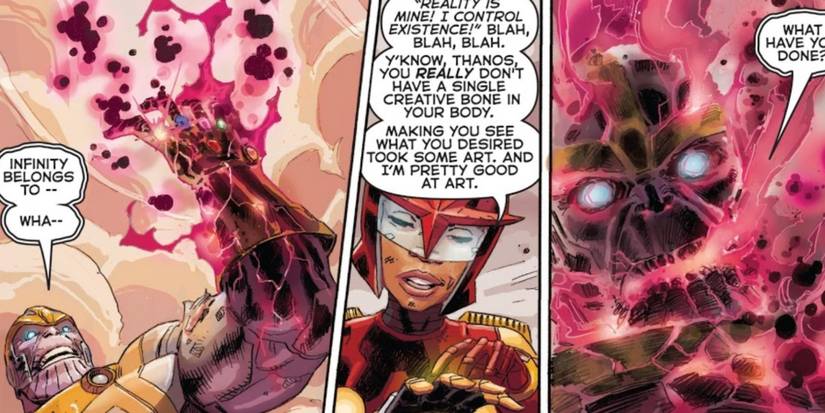 A comic book panel depicts Thanos crumbling after Anwen tricks him into taking the Death Stone