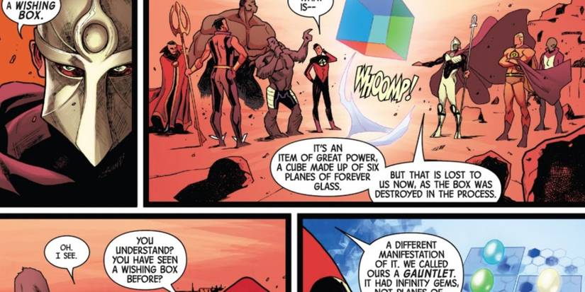 Heroes look on as the Wishing Box or Forever Glass is assembled in The Wishing Cube In New Avengers Vol 3 Issue 19