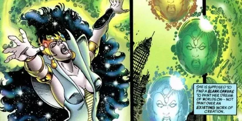 A comic book panel depicts Nemesis wearing a crown of Infinity Gems next to her reflection in some of the stones