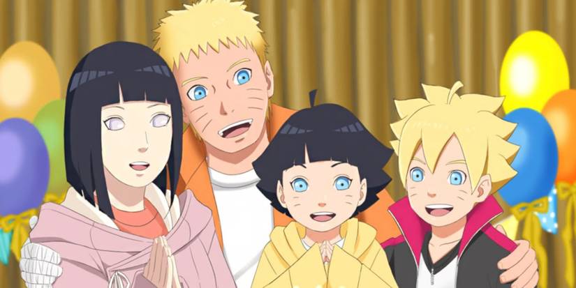 Hinata, Naruto, Himawari, and Boruto celebrate in the Boruto series