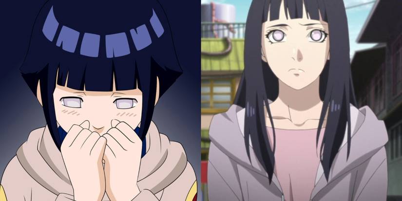A split image depicts a younger Hinata with shorter hair and an older Hinata with longer hair in the Naruto franchise