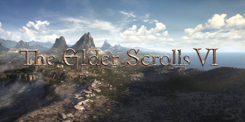 Лого "The Elder Scrolls 6" на фоне пейзажа с горами и голубым небом с облаками.