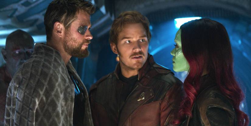 Thor, Peter Quill, and Gamora talking in Avengers: Infinity War