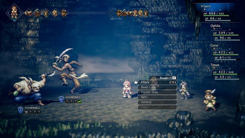A party of four characters face two bandits in Octopath Traveler.