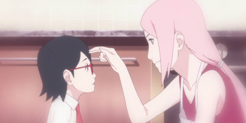 Sakura pokes Sarada in the forehead in a Boruto flashback