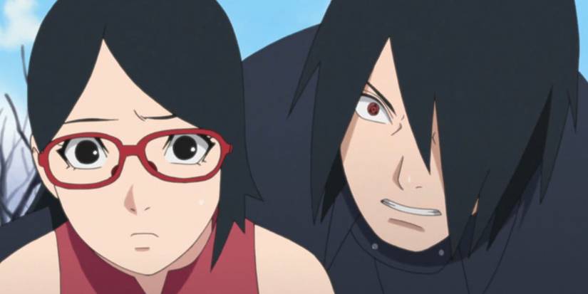 Sasuke stands behind a nervous Sarada in Boruto