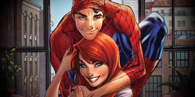 After 19 Years, Spider-Man Fans May Be About to Get That 'One More Day' Retcon... 4 Peter Parker, mask lifted up, hugs Mary Jane, who smiles widely, against a city skyline backdrop.