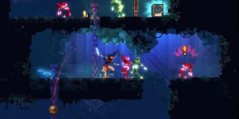 Dead Cells enemies attacking on different platforms. 