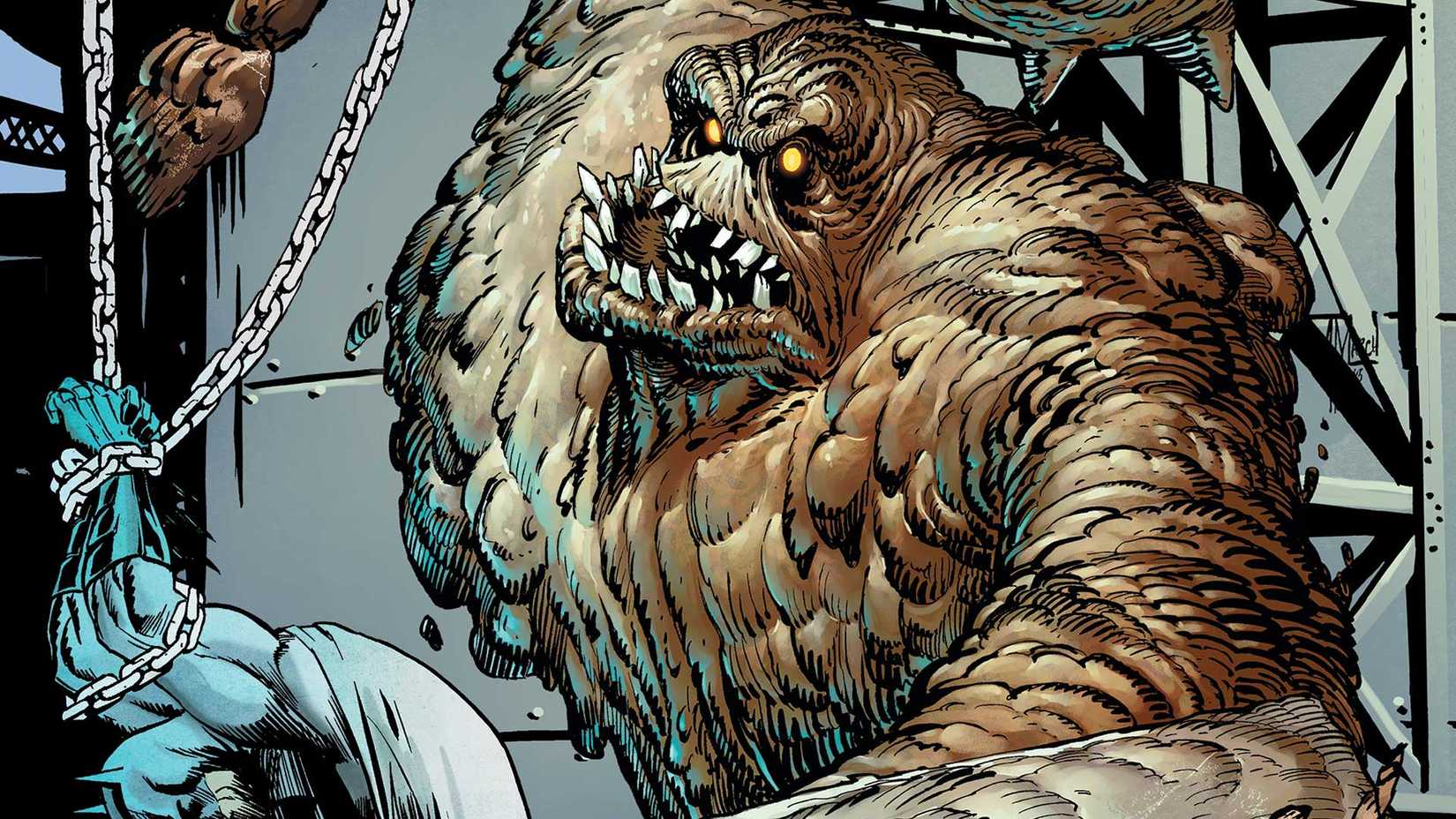 Clayface tenta esmagar um Batman capturado em quadrinhos da DC