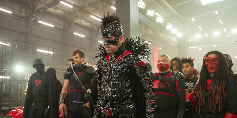 Chris D'Amico (Christopher Mintz-Plasse) leading his supervillain team in Kick-Ass 2