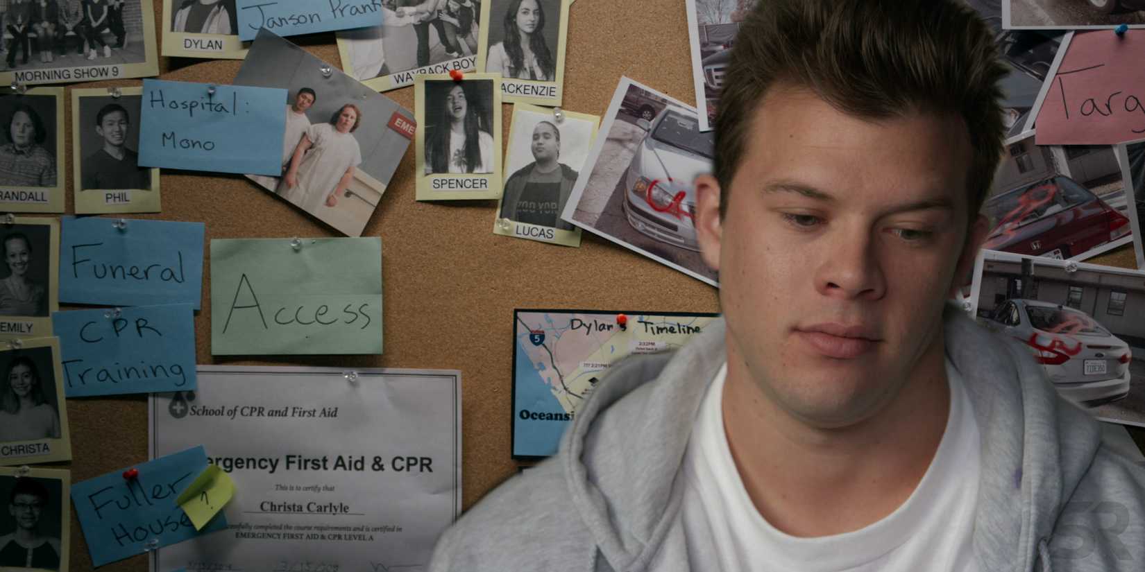 Dylan Maxwell (Jimmy Tatro) em frente a um quadro de evidências de American Vandal.