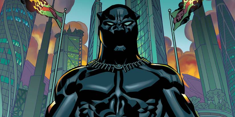  Black Panther looks down on the reader in front of a city skyline.