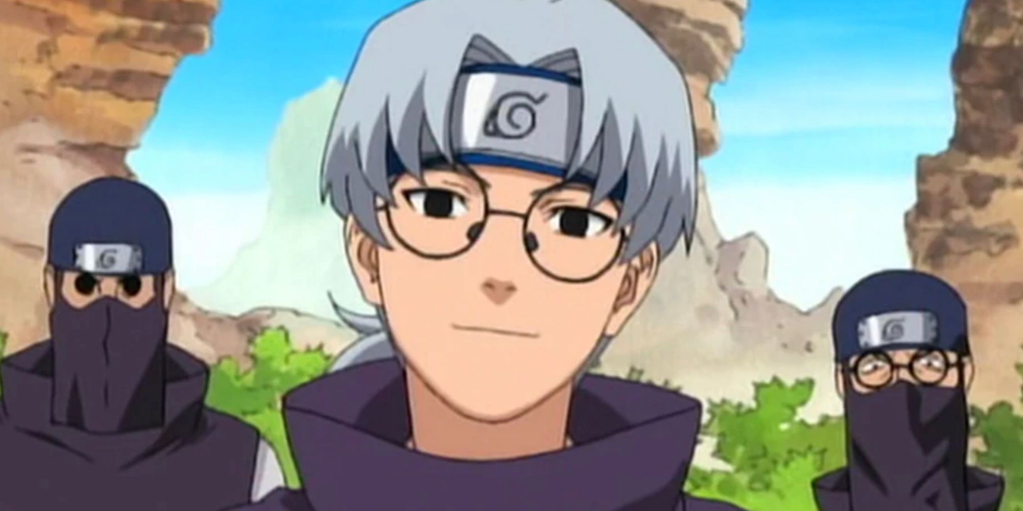 Kabuto stands in front of his masked teammates during the Chunin Exams in Naruto